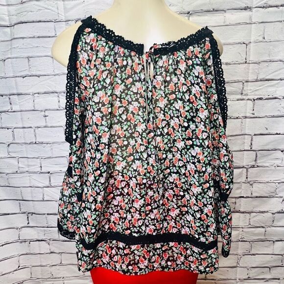 Rebecca Minkoff Womens Multicolor Floral V-Neck Cold-Shoulder Top Size XS - Picture 3 of 7